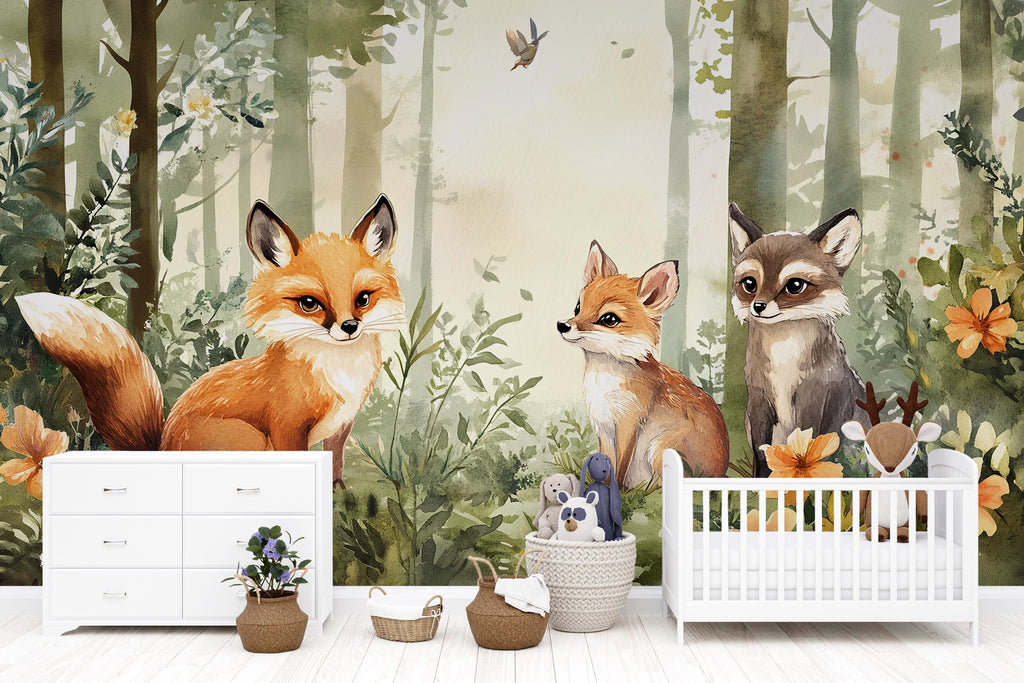 Woodland Fox Wall Mural for Kids Room – Forest Animal Wallpaper Peel and Stick or Non-Woven – Nursery Forest Mural with Fox and Raccoon