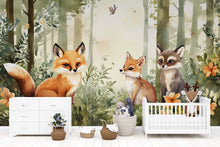 Load image into Gallery viewer, Woodland Fox Wall Mural for Kids Room – Forest Animal Wallpaper Peel and Stick or Non-Woven – Nursery Forest Mural with Fox and Raccoon