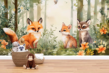 Load image into Gallery viewer, Woodland Fox Wall Mural for Kids Room – Forest Animal Wallpaper Peel and Stick or Non-Woven – Nursery Forest Mural with Fox and Raccoon
