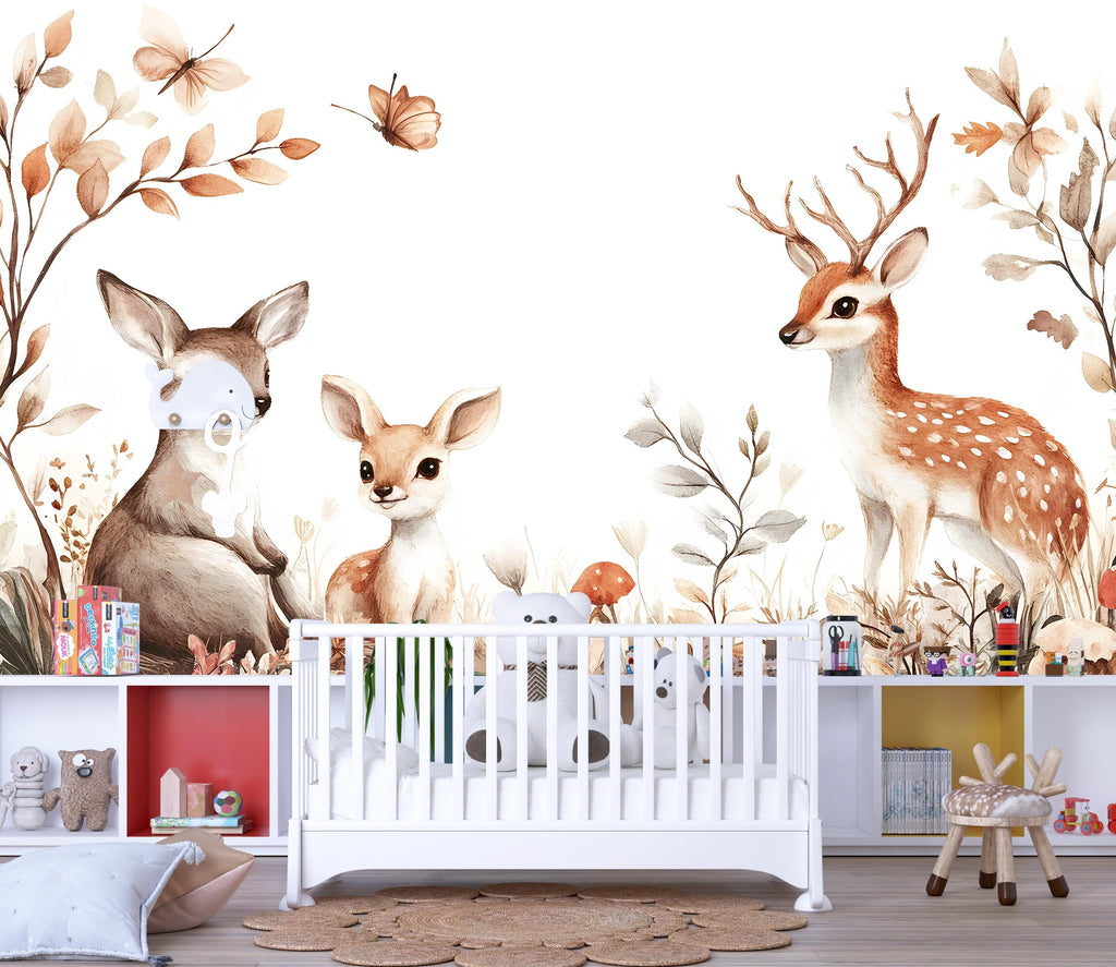 Woodland Deer Wall Mural for Nursery – Baby Room Forest Animals Wallpaper – Neutral Kids Room Decor – Removable Peel and Stick