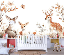 Load image into Gallery viewer, Woodland Deer Wall Mural for Nursery – Baby Room Forest Animals Wallpaper – Neutral Kids Room Decor – Removable Peel and Stick