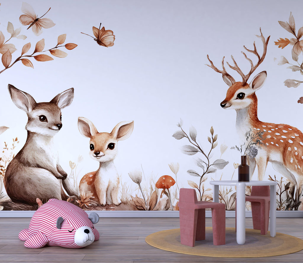 Woodland Deer Wall Mural for Nursery – Baby Room Forest Animals Wallpaper – Neutral Kids Room Decor – Removable Peel and Stick