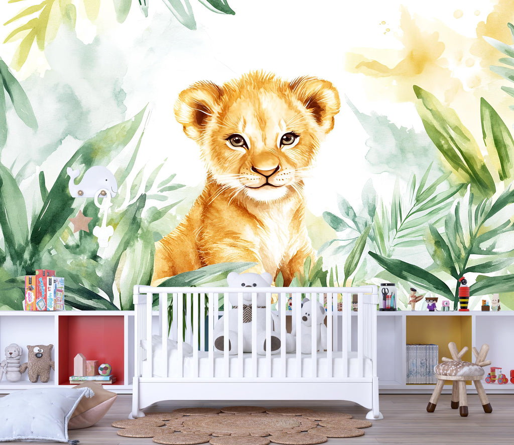Lion Cub Wall Mural for Nursery – Jungle Safari Baby Room Wallpaper – Peel and Stick Jungle Animal Mural – Removable Kids Room Decor