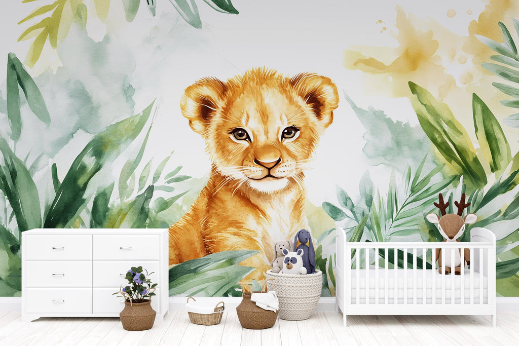 Lion Cub Wall Mural for Nursery – Jungle Safari Baby Room Wallpaper – Peel and Stick Jungle Animal Mural – Removable Kids Room Decor