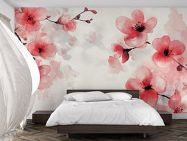 Cherry Blossom Wall Mural – Japanese Floral Wallpaper, Watercolor Flower Wall Art for Bedroom, Peel and Stick or Non-Woven Wallpaper