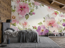 Load image into Gallery viewer, Watercolor Floral Wall Mural – Pink Rose Wallpaper for Bedroom or Nursery, Peel and Stick or Traditional Flower Wall Art Décor