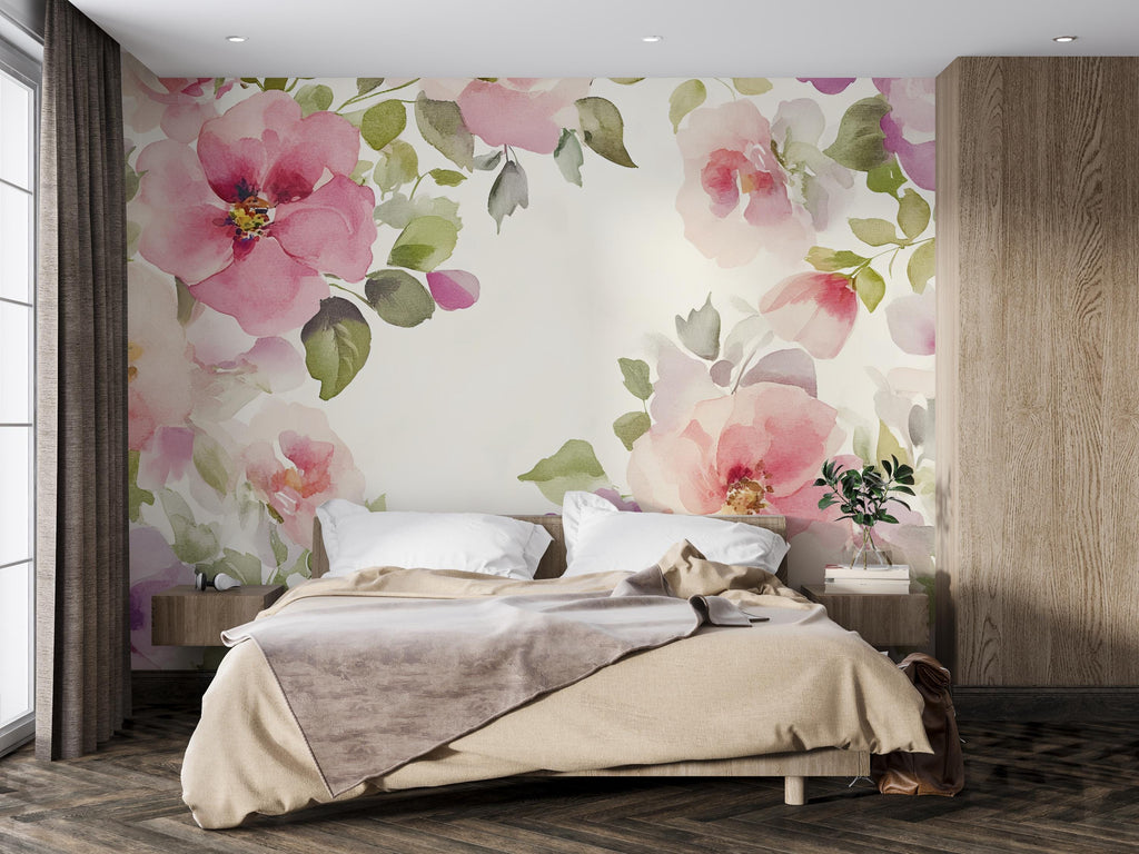 Watercolor Floral Wall Mural – Pink Rose Wallpaper for Bedroom or Nursery, Peel and Stick or Traditional Flower Wall Art Décor
