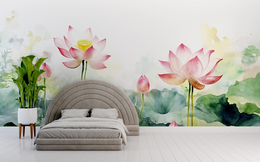 Lotus Flower Wall Mural – Watercolor Botanical Wallpaper for Bedroom, Spa or Meditation Room – Peel and Stick or Non-Woven Mural