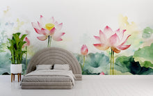 Load image into Gallery viewer, Lotus Flower Wall Mural – Watercolor Botanical Wallpaper for Bedroom, Spa or Meditation Room – Peel and Stick or Non-Woven Mural