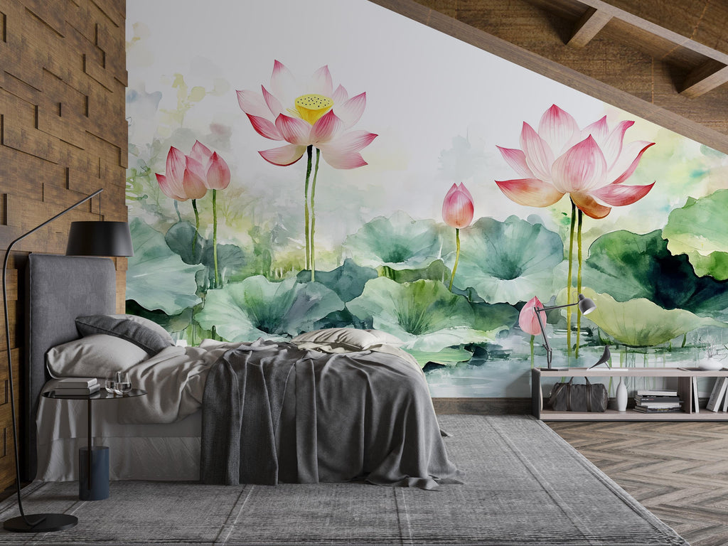 Lotus Flower Wall Mural – Watercolor Botanical Wallpaper for Bedroom, Spa or Meditation Room – Peel and Stick or Non-Woven Mural
