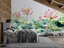 Load image into Gallery viewer, Lotus Flower Wall Mural – Watercolor Botanical Wallpaper for Bedroom, Spa or Meditation Room – Peel and Stick or Non-Woven Mural