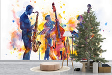 Load image into Gallery viewer, Jazz Trio Wall Mural – Watercolor Saxophone &amp; Double Bass Band Art – Music Lover Gift – Jazz Room Decor – Jazz Music Wallpaper