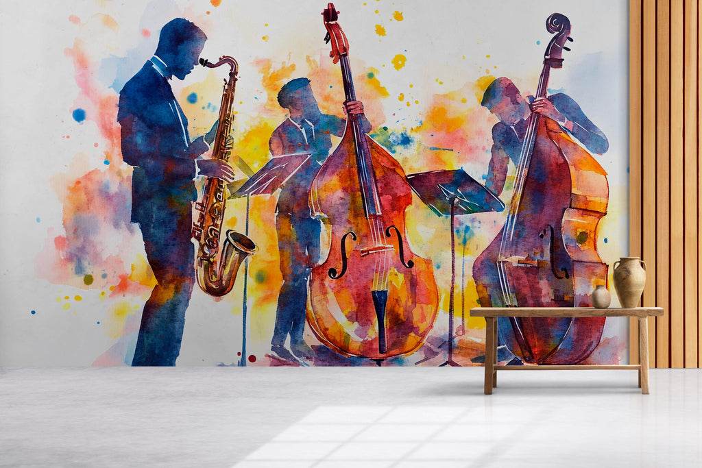 Jazz Trio Wall Mural – Watercolor Saxophone & Double Bass Band Art – Music Lover Gift – Jazz Room Decor – Jazz Music Wallpaper