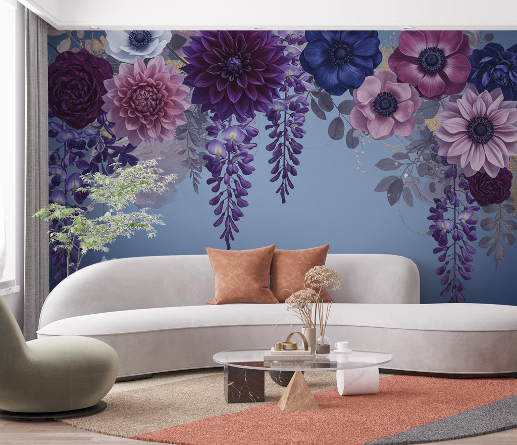 Luxurious Moody Floral Wall Art – Wisteria, Dahlia & Gardenia Print, Romantic Dark Flower Tapestry, Elegant Botanical Home Decor Mural 692RS
