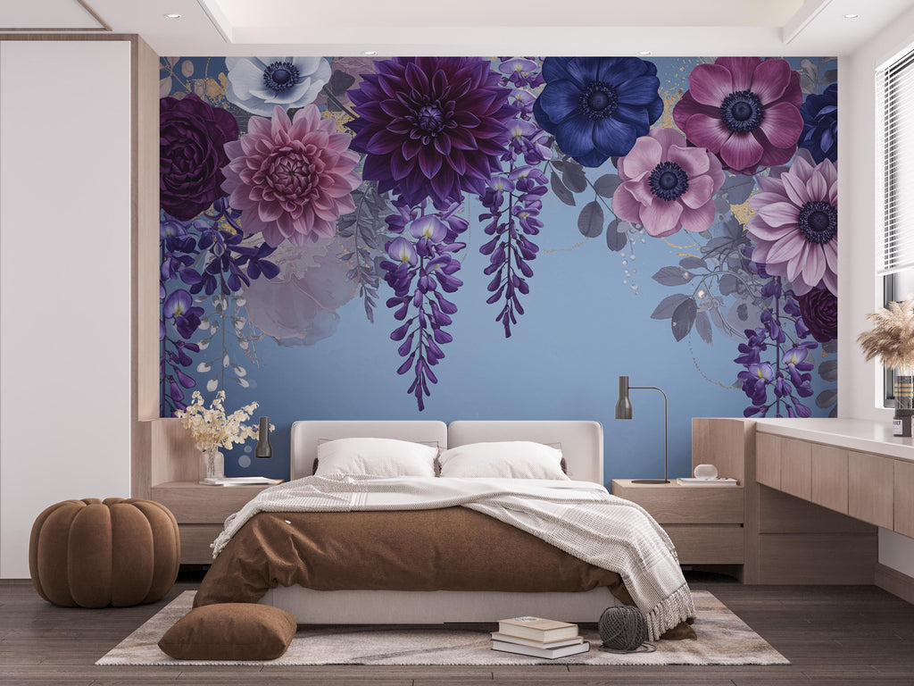 Luxurious Moody Floral Wall Art – Wisteria, Dahlia & Gardenia Print, Romantic Dark Flower Tapestry, Elegant Botanical Home Decor Mural 692RS