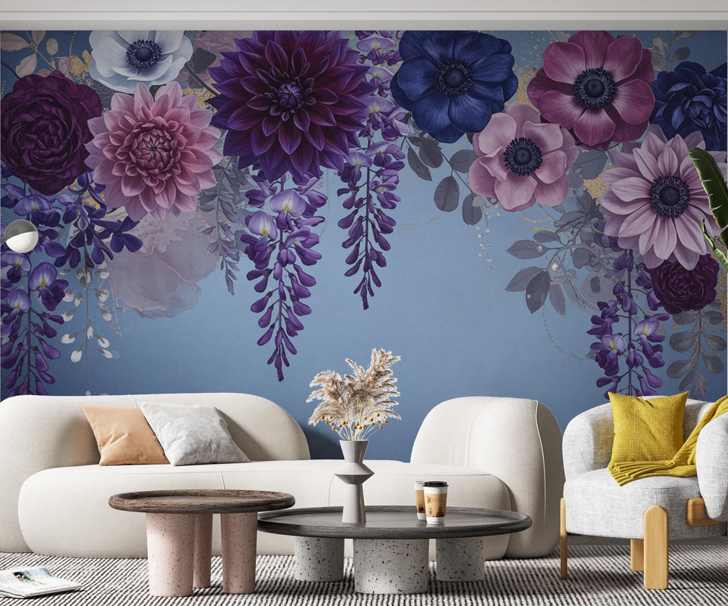 Luxurious Moody Floral Wall Art – Wisteria, Dahlia & Gardenia Print, Romantic Dark Flower Tapestry, Elegant Botanical Home Decor Mural 692RS
