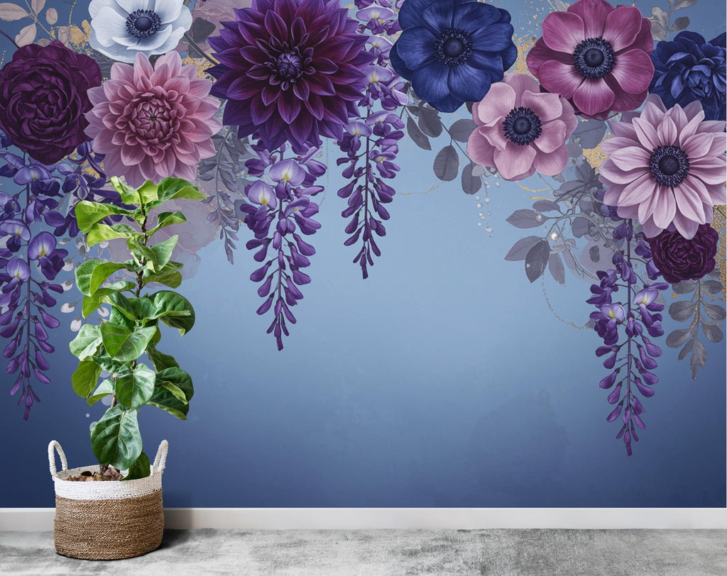 Luxurious Moody Floral Wall Art – Wisteria, Dahlia & Gardenia Print, Romantic Dark Flower Tapestry, Elegant Botanical Home Decor Mural 692RS