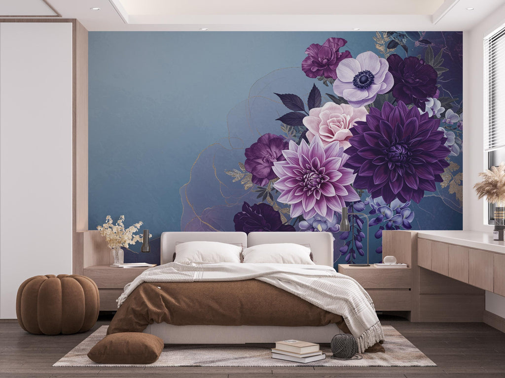 Luxurious Moody Floral Wall Art – Wisteria, Dahlia & Gardenia Print, Romantic Dark Flower Tapestry, Elegant Botanical Home Decor Mural 693RS