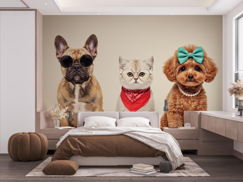 Grooming Salon Pet Trio Watercolor Print – French Bulldog, Kitten, and Poodle Art, Stylish Animal Wall Decor, Chic Pet Portrait Decor 694RS