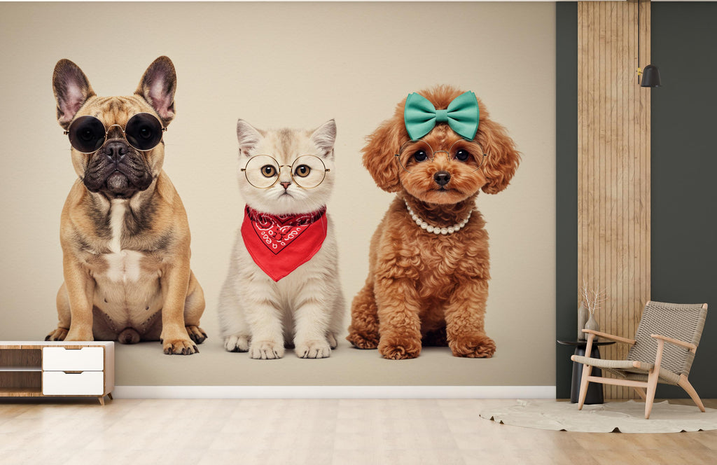 Grooming Salon Pet Trio Watercolor Print – French Bulldog, Kitten, and Poodle Art, Stylish Animal Wall Decor, Chic Pet Portrait Decor 694RS