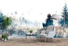 Load image into Gallery viewer, Watercolor Girl in Forest Wall Mural – Moody Landscape Wallpaper, Artistic Wall Art for Living Room or Studio, Peel &amp; Stick or Non-Woven