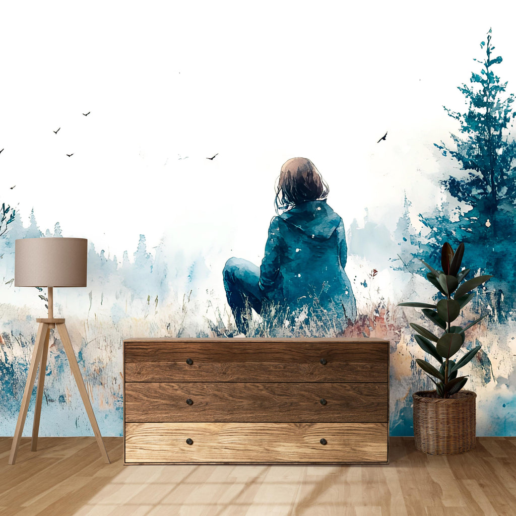 Watercolor Girl in Forest Wall Mural – Moody Landscape Wallpaper, Artistic Wall Art for Living Room or Studio, Peel & Stick or Non-Woven
