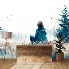 Watercolor Girl in Forest Wall Mural – Moody Landscape Wallpaper, Artistic Wall Art for Living Room or Studio, Peel & Stick or Non-Woven
