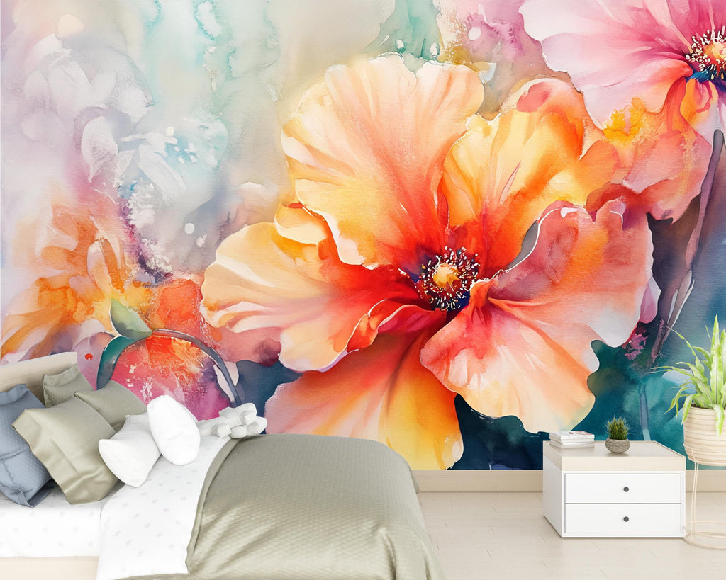 Bold Watercolor Floral Wall Mural – Colorful Flower Wallpaper for Bedroom or Living Room, Peel and Stick or Non-Woven Botanical Art