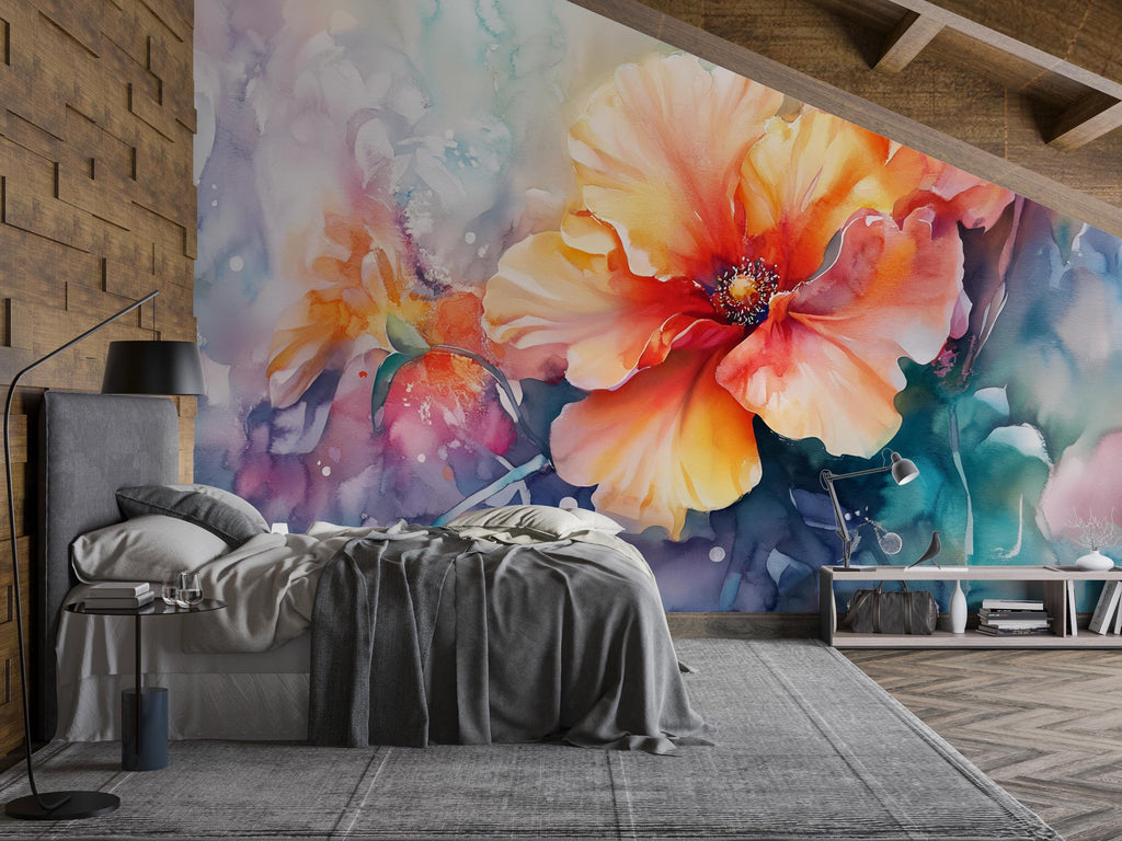 Bold Watercolor Floral Wall Mural – Colorful Flower Wallpaper for Bedroom or Living Room, Peel and Stick or Non-Woven Botanical Art