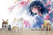 Load image into Gallery viewer, Anime Girl Wall Mural – Watercolor Manga-Style Wallpaper for Bedroom or Kids Room, Soft Pastel Peel and Stick or Non-Woven Art