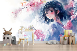 Anime Girl Wall Mural – Watercolor Manga-Style Wallpaper for Bedroom or Kids Room, Soft Pastel Peel and Stick or Non-Woven Art