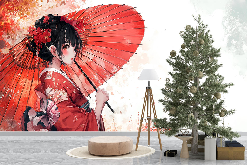 Japanese Anime Geisha Wall Mural – Red Kimono Girl Art Wallpaper, Manga Style Decor for Bedroom or Studio – Peel & Stick or Non-Woven
