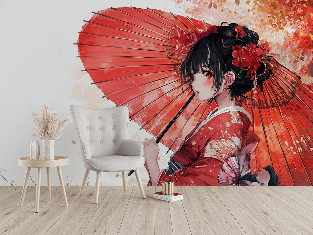 Japanese Anime Geisha Wall Mural – Red Kimono Girl Art Wallpaper, Manga Style Decor for Bedroom or Studio – Peel & Stick or Non-Woven