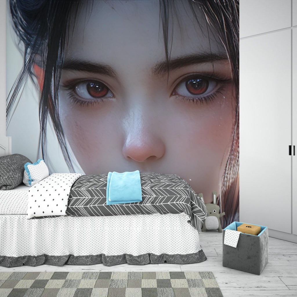 Realistic Anime Girl Portrait Wall Mural – Hyper-Detailed Face Art Wallpaper for Bedroom or Studio – Peel & Stick or Non-Woven