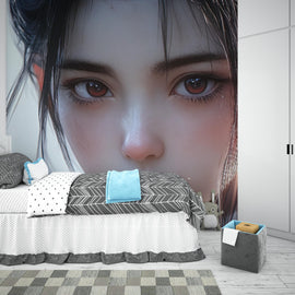 Realistic Anime Girl Portrait Wall Mural – Hyper-Detailed Face Art Wallpaper for Bedroom or Studio – Peel & Stick or Non-Woven