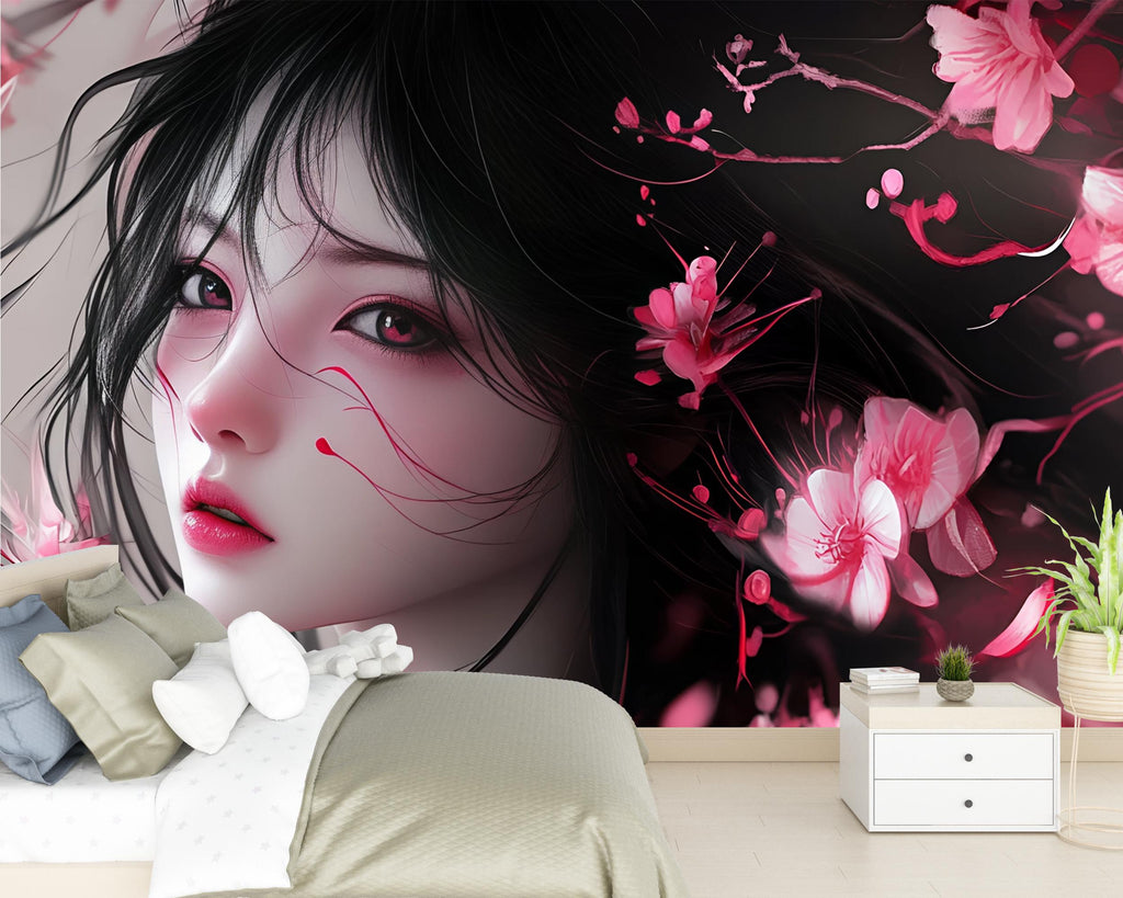 Dark Anime Girl Wall Mural – Romantic Cherry Blossom Portrait Wallpaper, Gothic Manga Style for Bedroom or Studio Peel & Stick or Non-Woven