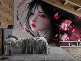 Dark Anime Girl Wall Mural – Romantic Cherry Blossom Portrait Wallpaper, Gothic Manga Style for Bedroom or Studio Peel & Stick or Non-Woven