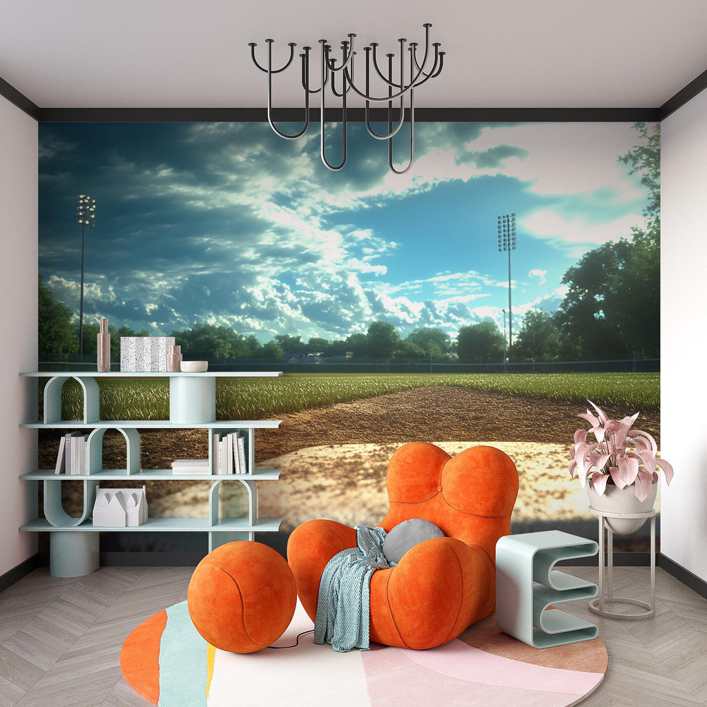 Baseball Field Wall Mural – Realistic Stadium Home Plate Wallpaper – Gift for Baseball Lover – Sports Room Decor for Boys & Teens