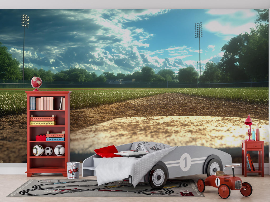 Baseball Field Wall Mural – Realistic Stadium Home Plate Wallpaper – Gift for Baseball Lover – Sports Room Decor for Boys & Teens