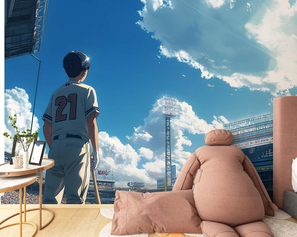 Anime Baseball Stadium Wall Mural – Gift for Baseball Lover – Boys Sports Room Decor – Personalized Wallpaper for Teen Athletes