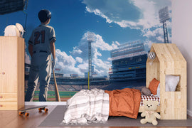 Anime Baseball Stadium Wall Mural – Gift for Baseball Lover – Boys Sports Room Decor – Personalized Wallpaper for Teen Athletes