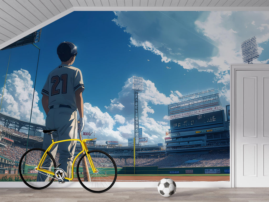 Anime Baseball Stadium Wall Mural – Gift for Baseball Lover – Boys Sports Room Decor – Personalized Wallpaper for Teen Athletes