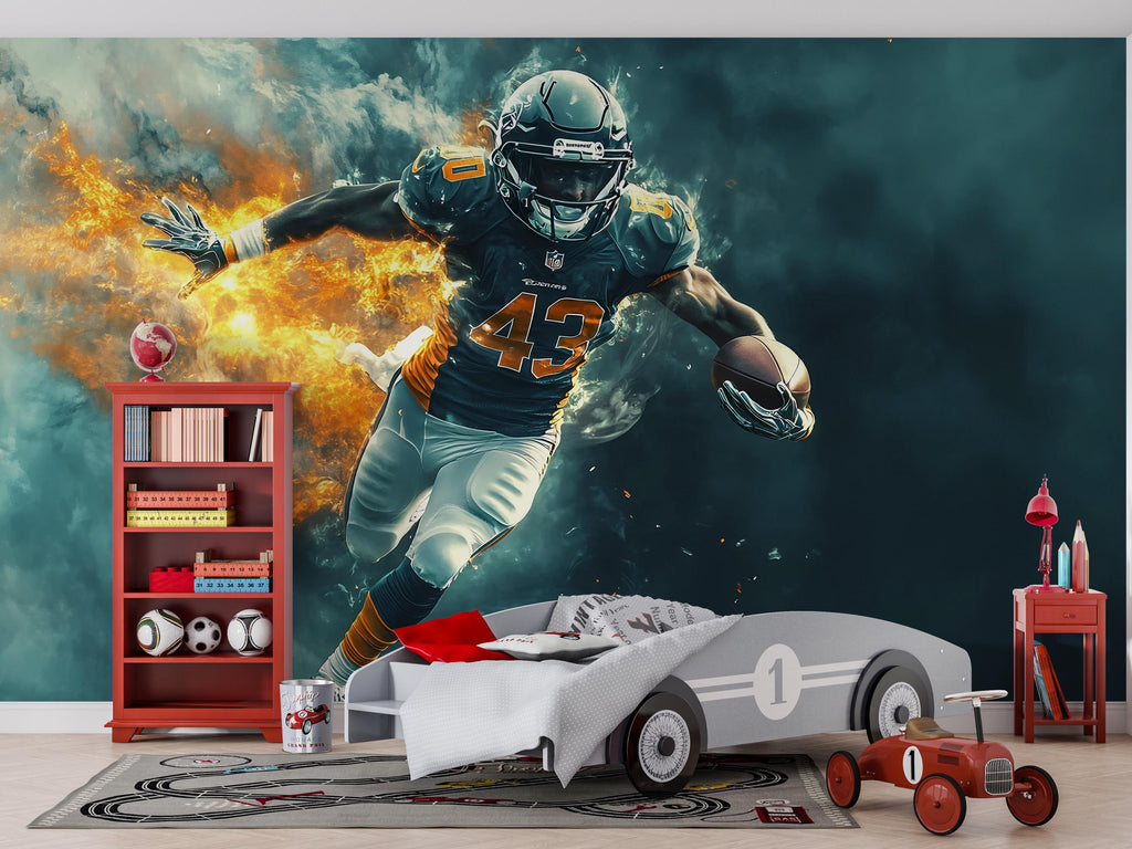 American Football Wall Mural – Teen Boy Room Decor – Sports Gift for Football Fan – Peel and Stick or Non-Woven Custom Wallpaper