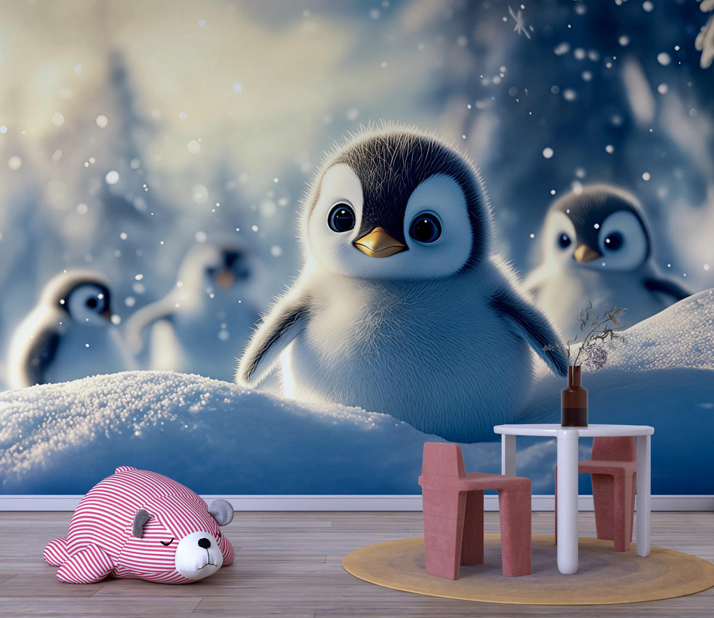 Baby Penguin Nursery Wall Mural – Winter Animal Wallpaper – Baby Shower Gift Idea – Custom Peel & Stick or Non-Woven Kids Wallpaper