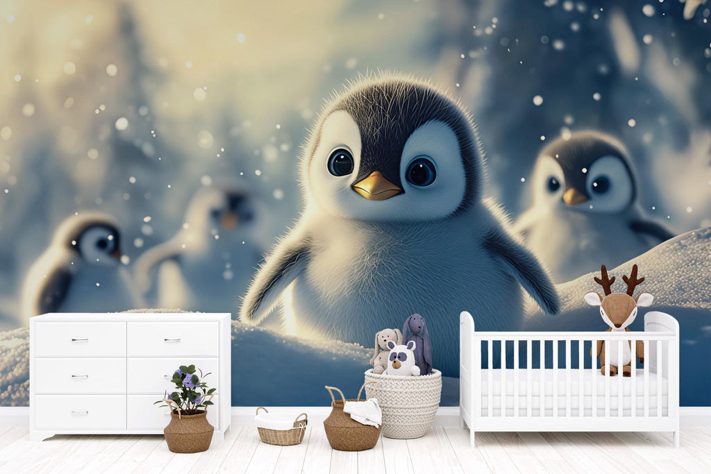 Baby Penguin Nursery Wall Mural – Winter Animal Wallpaper – Baby Shower Gift Idea – Custom Peel & Stick or Non-Woven Kids Wallpaper