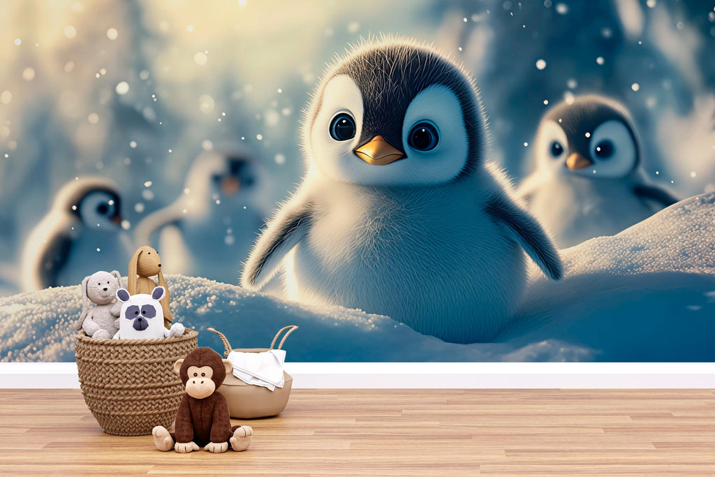 Baby Penguin Nursery Wall Mural – Winter Animal Wallpaper – Baby Shower Gift Idea – Custom Peel & Stick or Non-Woven Kids Wallpaper