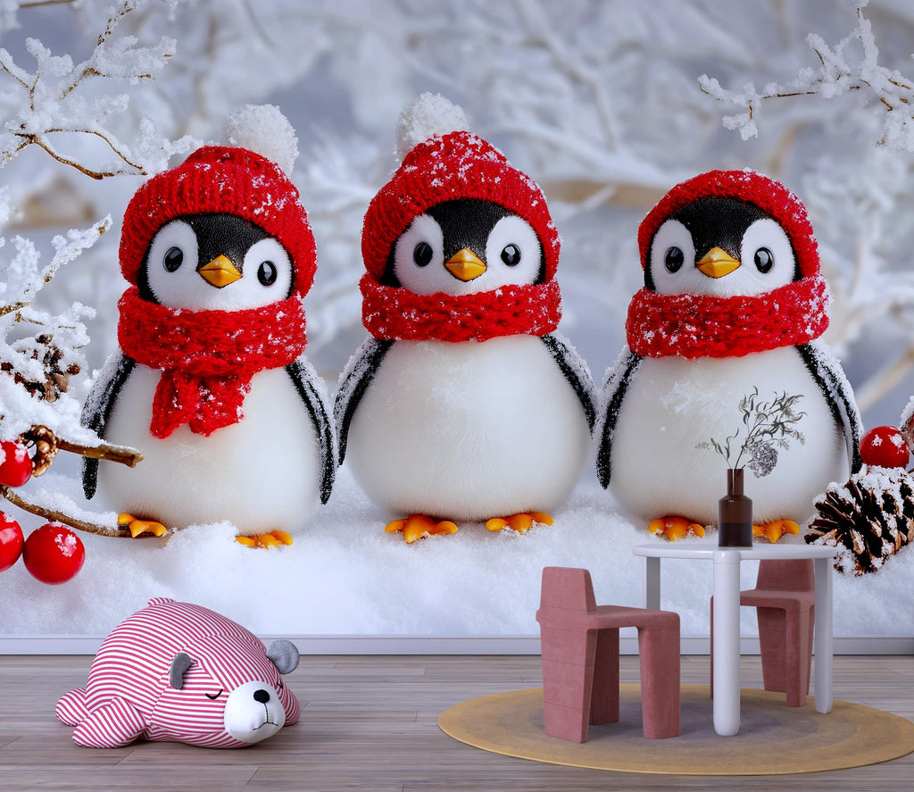 Winter Penguin Wall Mural – Baby Shower Gift – Christmas Nursery Wallpaper – Cute Holiday Baby Room Décor – Custom Peel & Stick Mural