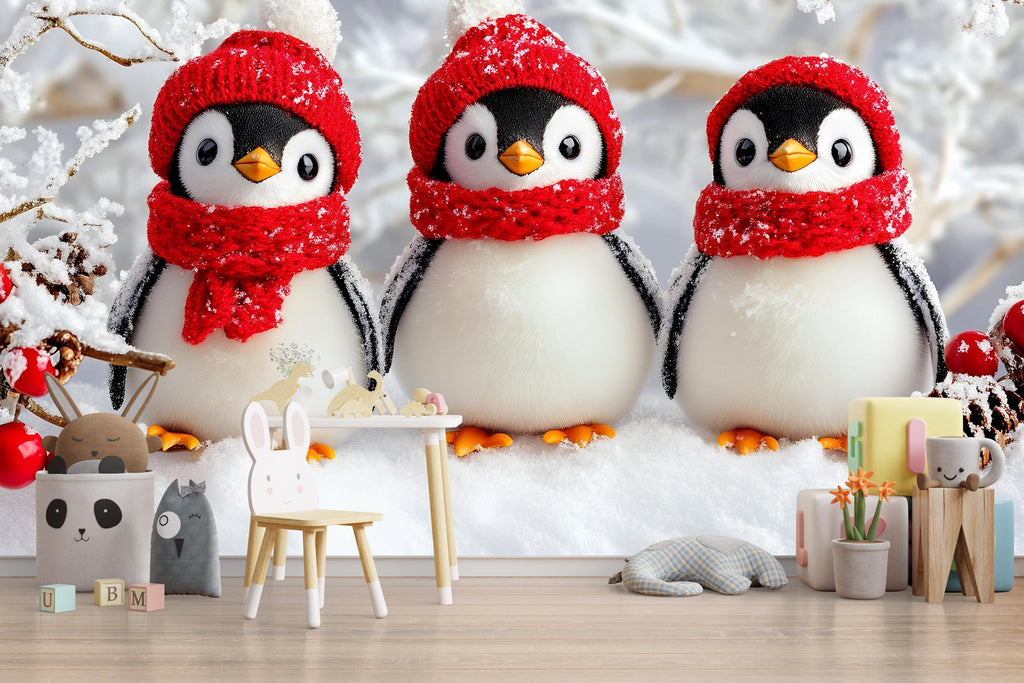 Winter Penguin Wall Mural – Baby Shower Gift – Christmas Nursery Wallpaper – Cute Holiday Baby Room Décor – Custom Peel & Stick Mural