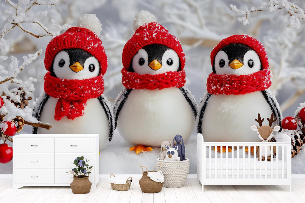 Winter Penguin Wall Mural – Baby Shower Gift – Christmas Nursery Wallpaper – Cute Holiday Baby Room Décor – Custom Peel & Stick Mural