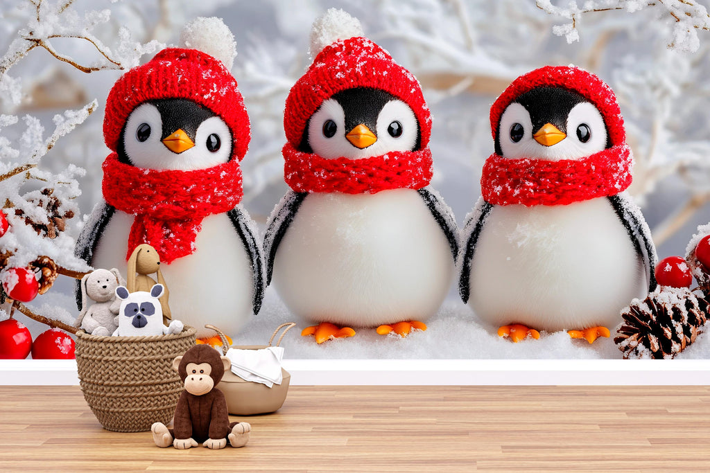 Winter Penguin Wall Mural – Baby Shower Gift – Christmas Nursery Wallpaper – Cute Holiday Baby Room Décor – Custom Peel & Stick Mural